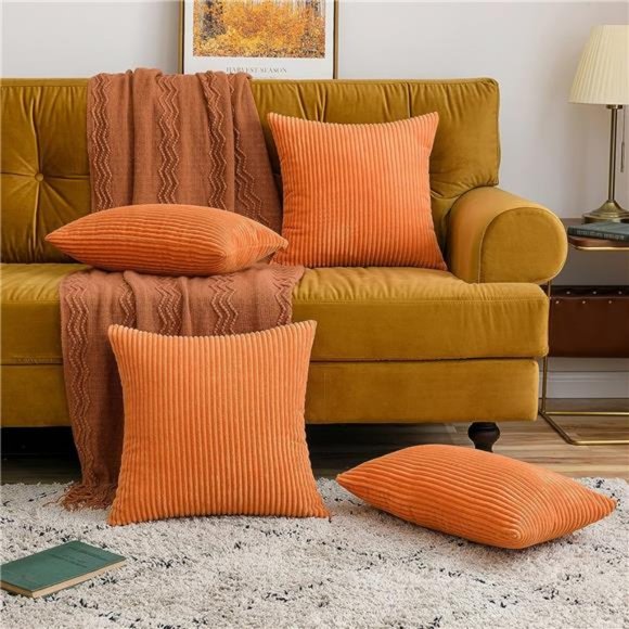 2 Fall Orange Pillow Covers Soft Boho Striped Corduroy Throw Pillow Cover Set - Picture 3 of 6